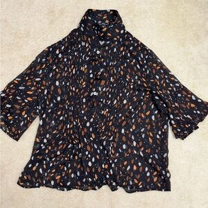 Velvet Heart Black Blouse with Brown and Cream Leaf Print